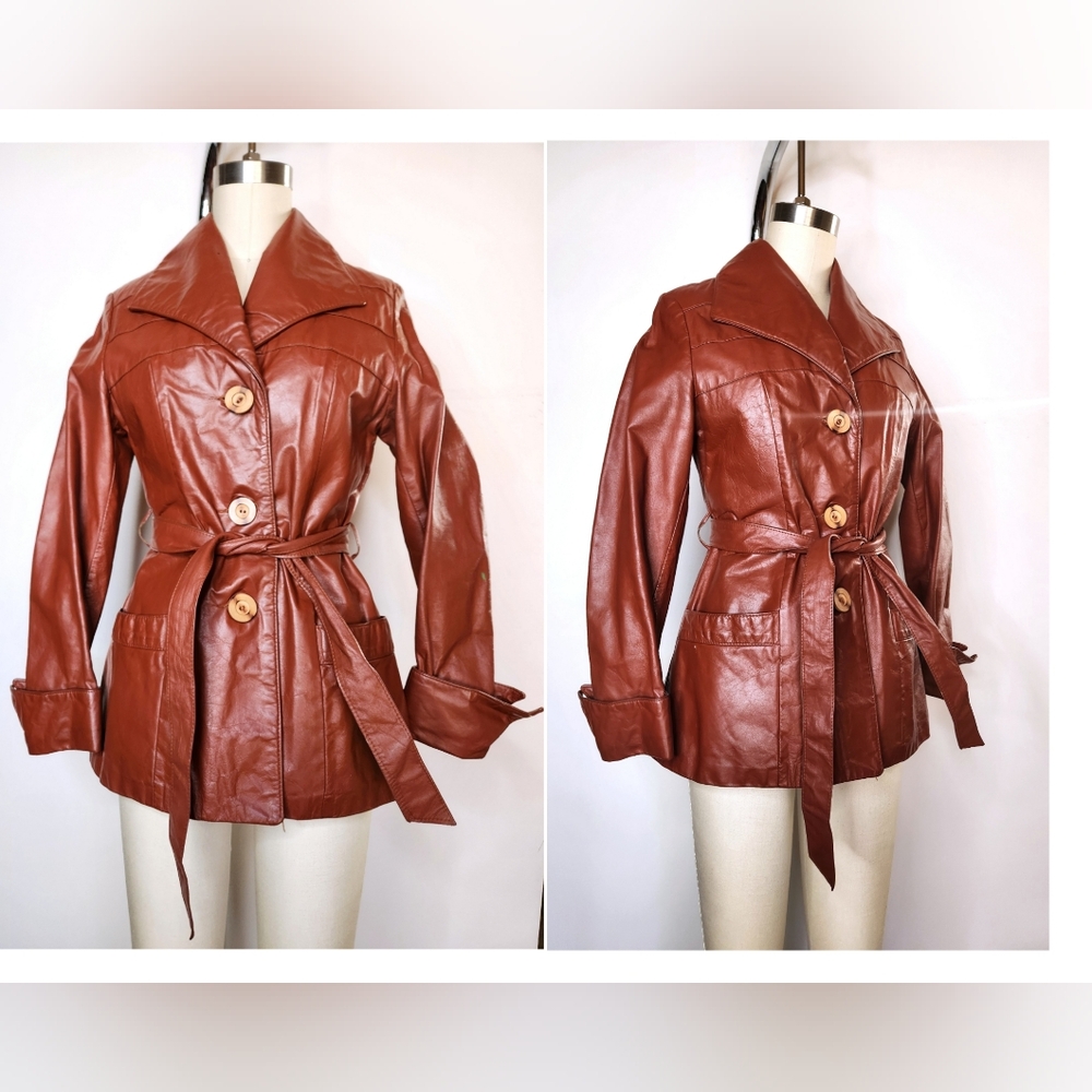 70s Brown Leather Coat Jacket Trench Coat Jacket Belted Quilted Lining XXS XS - Picture 1 of 12